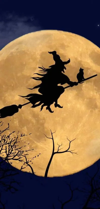 Silhouette of a witch flying across a full moon on a dark night sky.