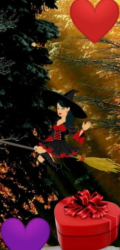 Cartoon witch flies through a magical forest with heart accents.