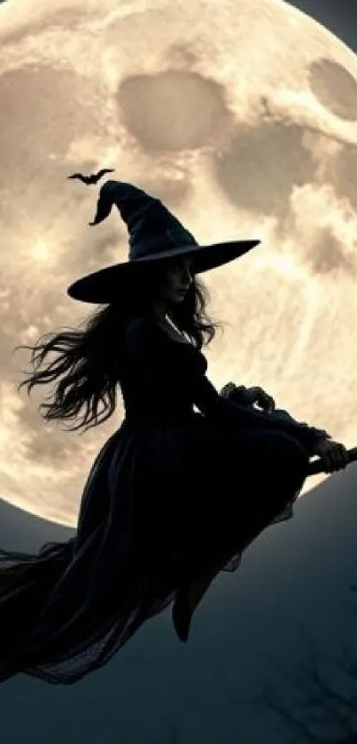 Witch silhouette flying on broomstick with full moon.