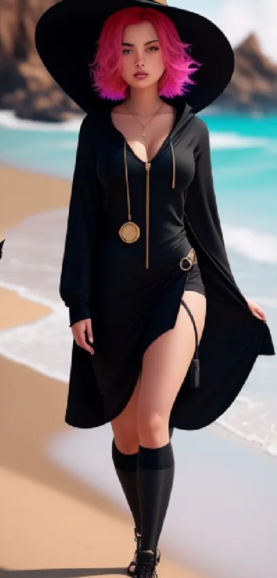 Stylish witch with pink hair walks on a sunny beach.
