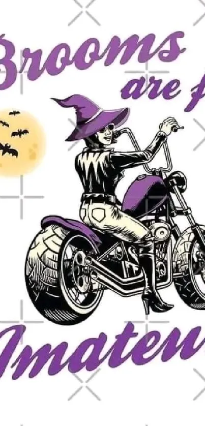 Witch riding a motorcycle graphic design with purple tones.