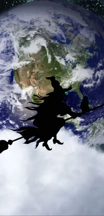 Silhouette of a witch flying over Earth with a starry background.