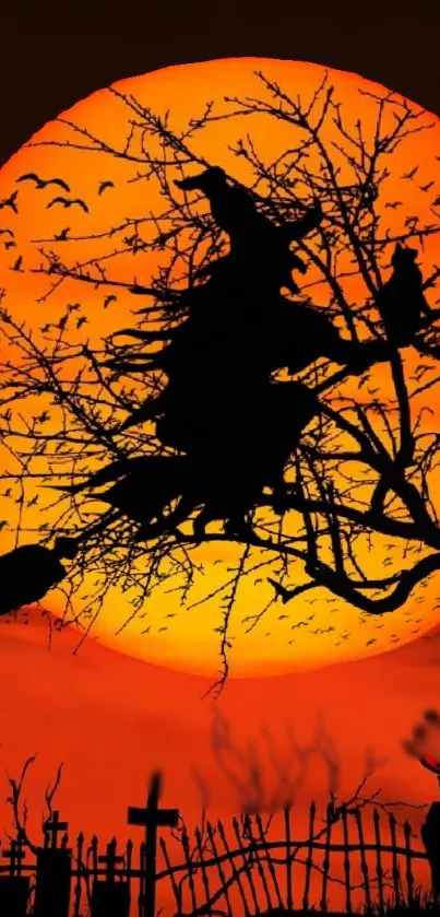 Witch flying on a broomstick against an orange moon with bats and trees.