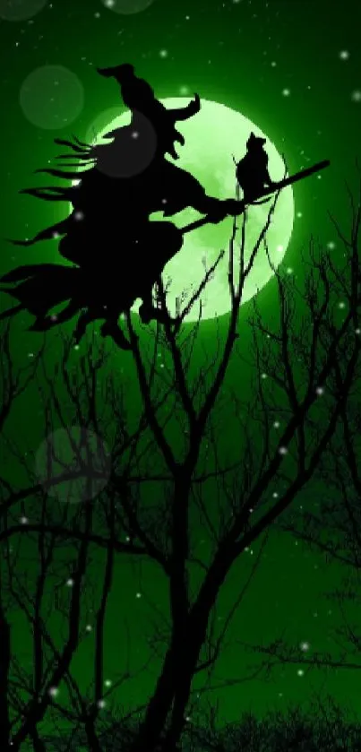 Silhouette of a witch flying in a green-lit night sky.