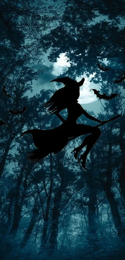 Silhouette of a witch flying on a broomstick in a moonlit forest.