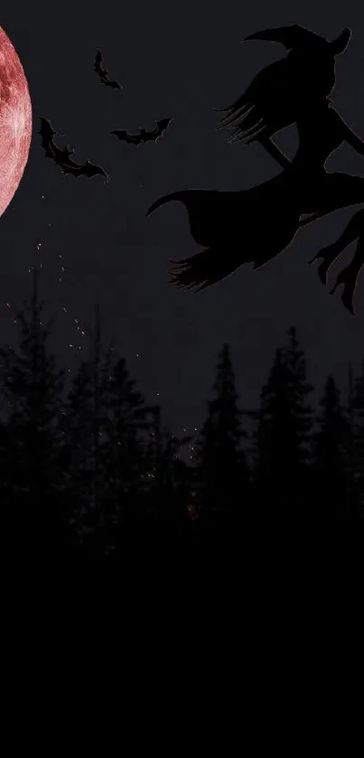 Silhouette of witch flying under a blood moon with bats.