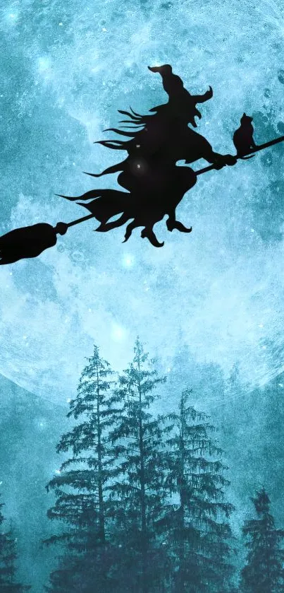 Silhouette of a witch flying in front of a full moon over trees.