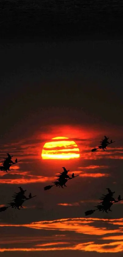 Silhouetted witches flying against an orange sunset sky, creating an enchanting scene.