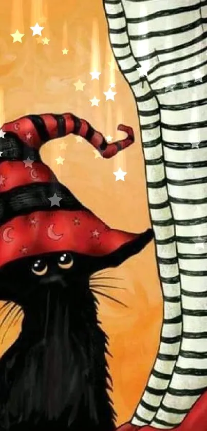 Cat with witch hat beside striped legs on orange background.