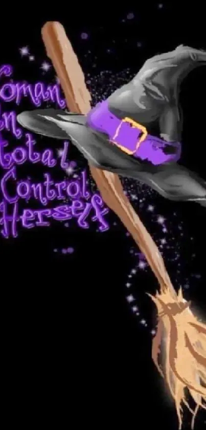 Witch broomstick with black hat and purple accents on a dark background.