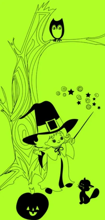 Mobile wallpaper with cute witch and Halloween theme on neon green background.