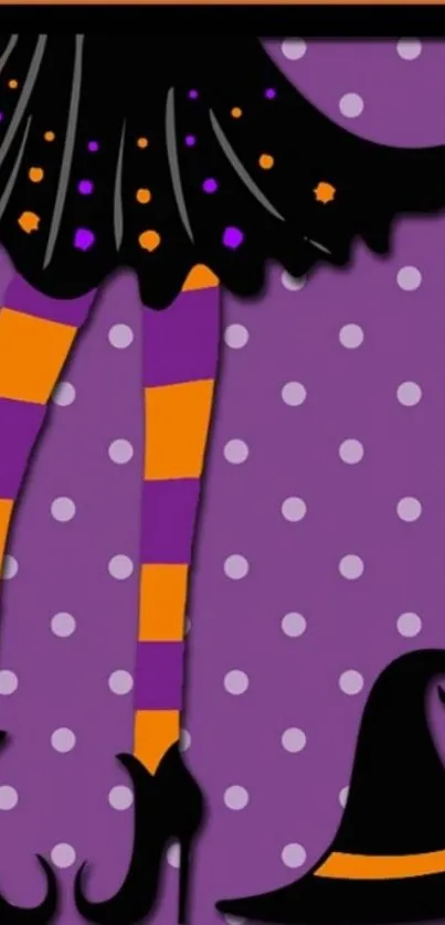 Purple and orange Halloween wallpaper with witch's legs and hat.