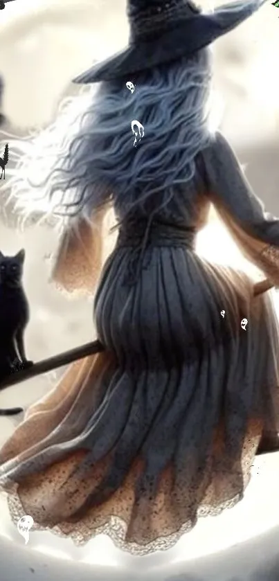 Witch flying on broomstick with a cat under a full moon.