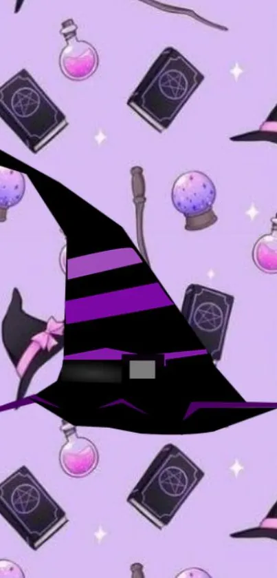 Purple witch themed wallpaper with hat and potions.