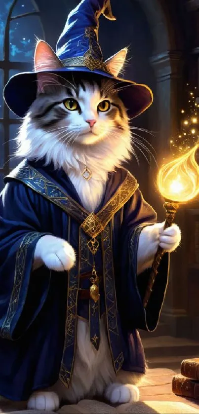 Fantasy art featuring a wizard cat holding a glowing staff in a mystical library.