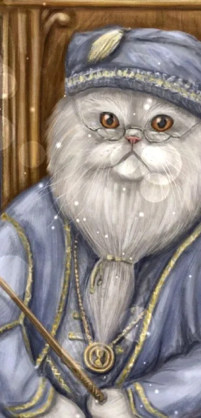 Wizard cat in blue robes with wand on throne.