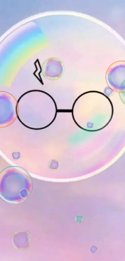 Pastel bubble art with wizard glasses icon.