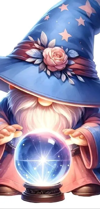 Charming wizard gnome with a crystal ball and blue hat, perfect for mobile wallpaper.