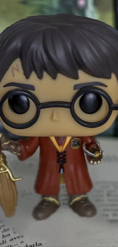 Charming wizard toy figure holding a broomstick, perfect for mobile wallpaper.