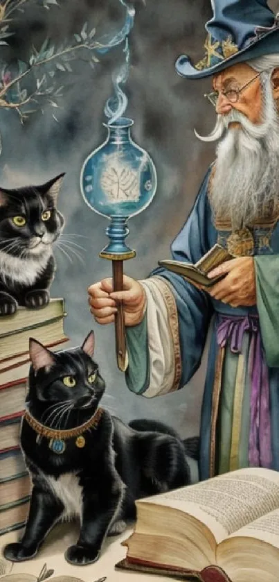 Fantasy wallpaper with wizard and cats, rich in detail and magical atmosphere.