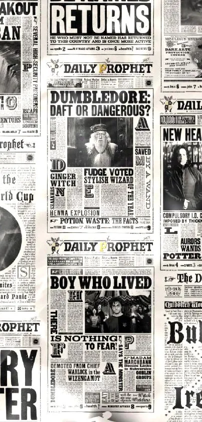 Collage of wizarding headlines from the Daily Prophet newspaper in a magical theme.