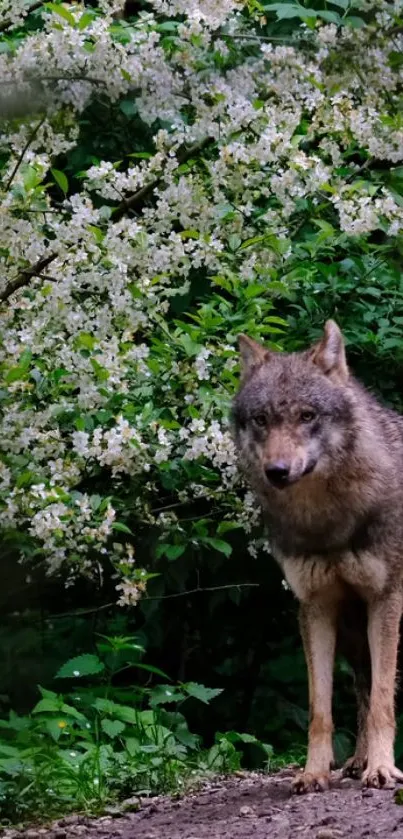 A wolf in a lush forest with white flowering trees.