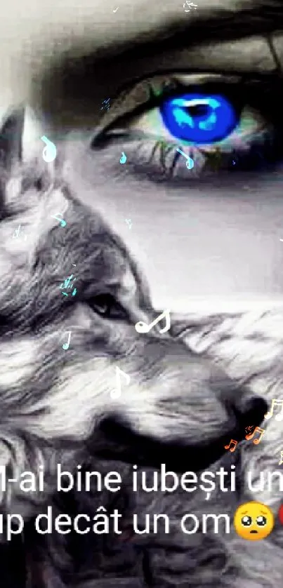 Mystical wallpaper with wolf and blue eyes.