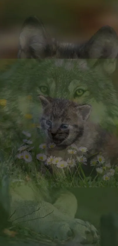 Wolf and kitten in a flower field wallpaper.