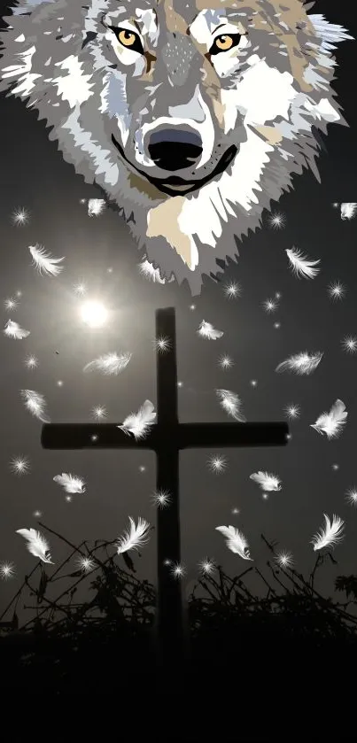 Wolf and cross silhouette with feathers on a starry background.