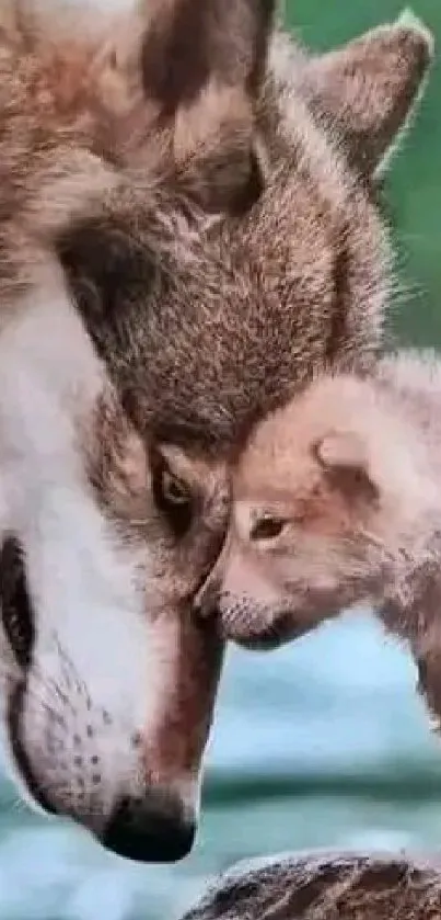 Heartwarming image of a wolf and cub in nature.