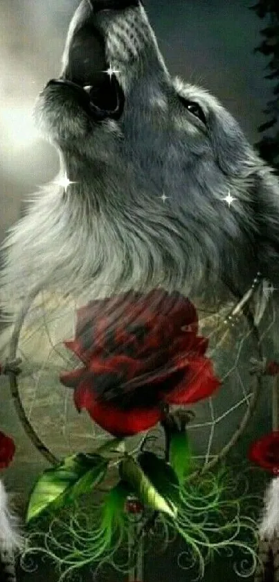 Howling wolf with dreamcatcher and red roses design.