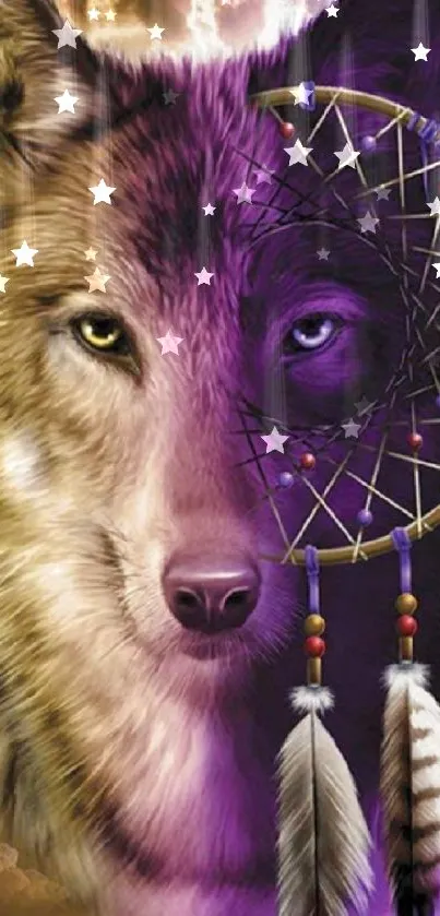 Artistic wolf and dreamcatcher wallpaper with purple tones.