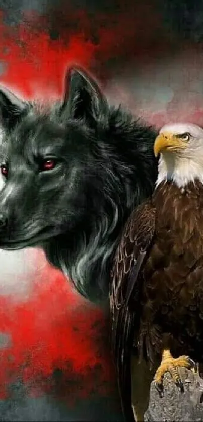 Wolf and eagle art wallpaper with black and red hues.