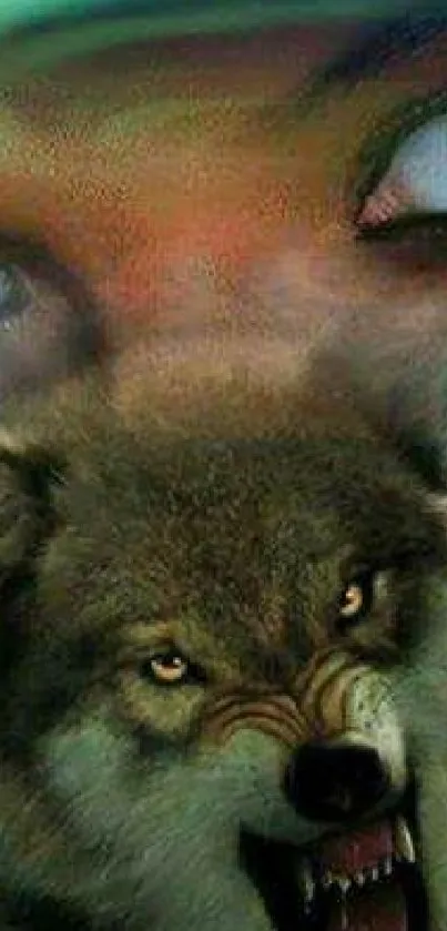 Wolf with green eyes in artistic mobile wallpaper.