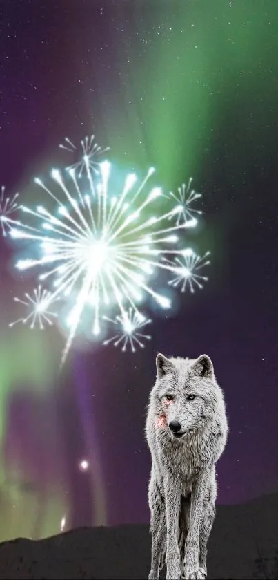 Majestic wolf with fireworks and aurora in the night sky.