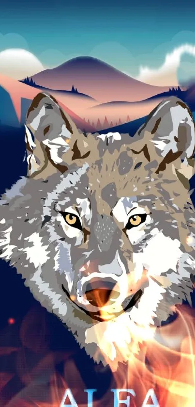 Illustrated wolf head with flames in mountain backdrop.