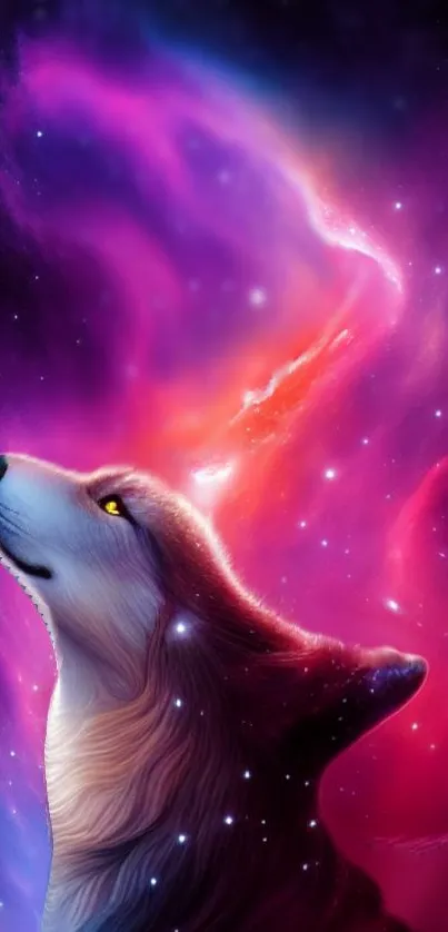 Ethereal wolf gazing into a vibrant galaxy backdrop.