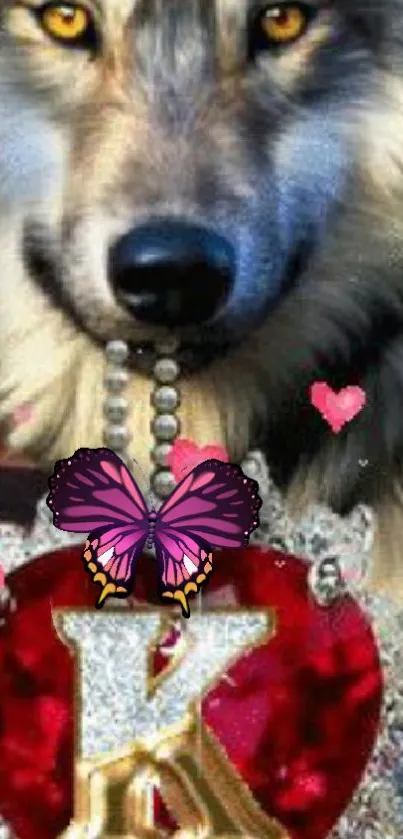 Wallpaper of a wolf with a jeweled heart and butterflies.