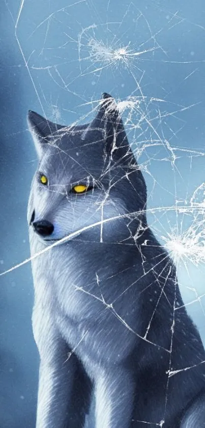 Majestic wolf with yellow eyes against cracked ice blue background.