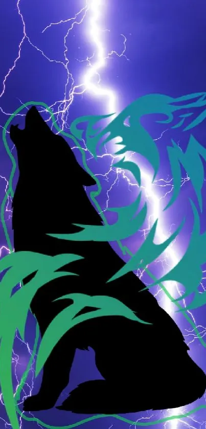 Wolf silhouette with green accents against a blue lightning background.