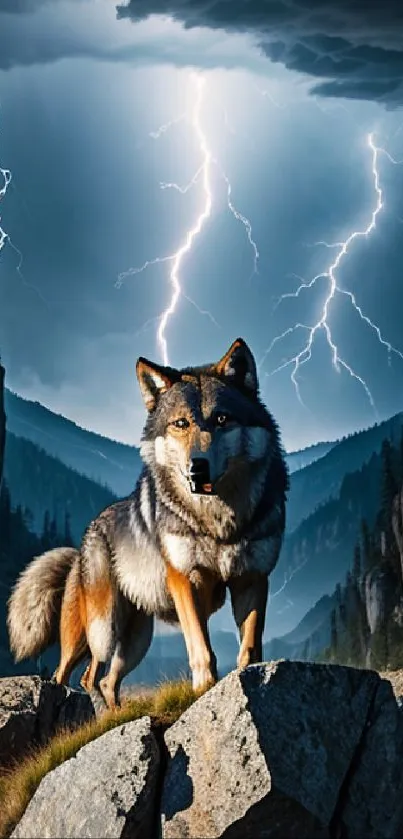 Wolf standing on rocky terrain with lightning in the background.