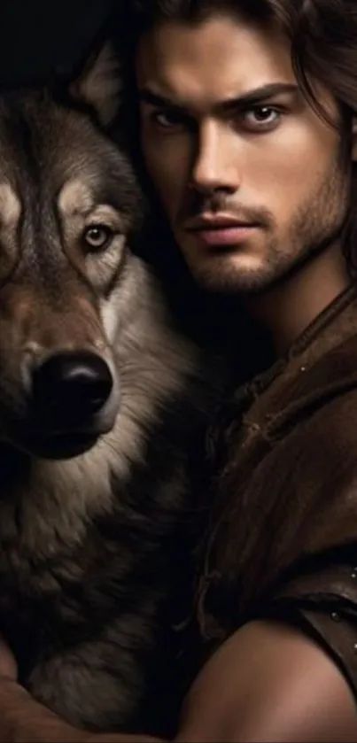 A mysterious man with a wolf in a dark setting.