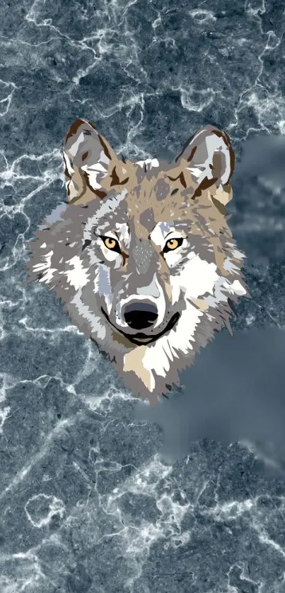 Illustrated wolf with a marbled slate blue background.