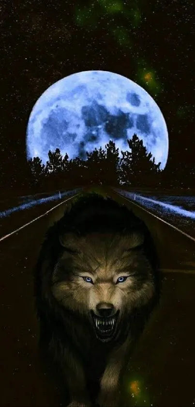 A fierce wolf walking on a dark road under a luminous full moon.