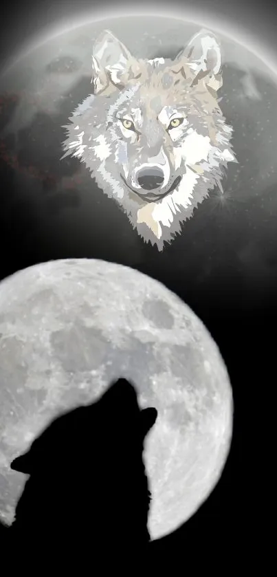 Wolf silhouette howling at a glowing moon with a mystical face.