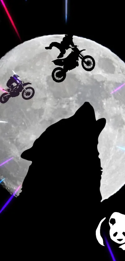 Wolf silhouette with motocross bikers and moon backdrop.