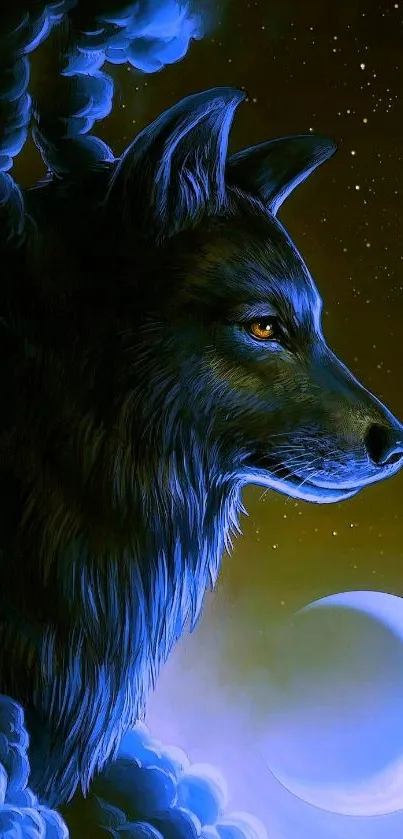 Majestic wolf with crescent moon in a starry night sky wallpaper.