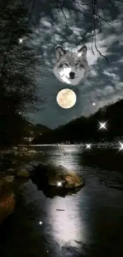 Mystical wolf with moonlit river under cloudy night sky.