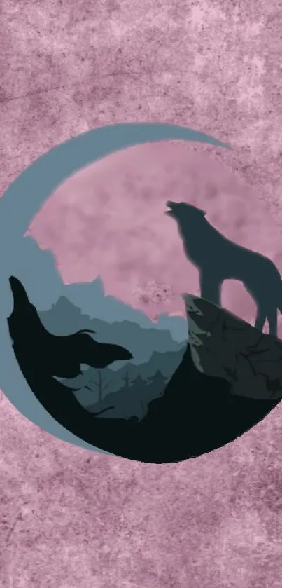 Wolf and moon silhouette on dusty pink background.