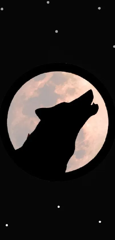 Silhouette of a wolf howling at the moon with stars on a dark background.